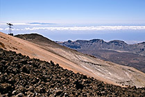 Teneryfa, widok na kalderę z okolic górnej stacji kolejki na Teide, w oddali Gran Canaria