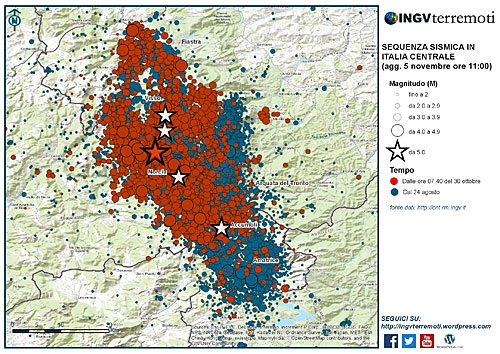 Mapa trzęsień ziemi i wstrząsów wtórnych w centrum Włoch